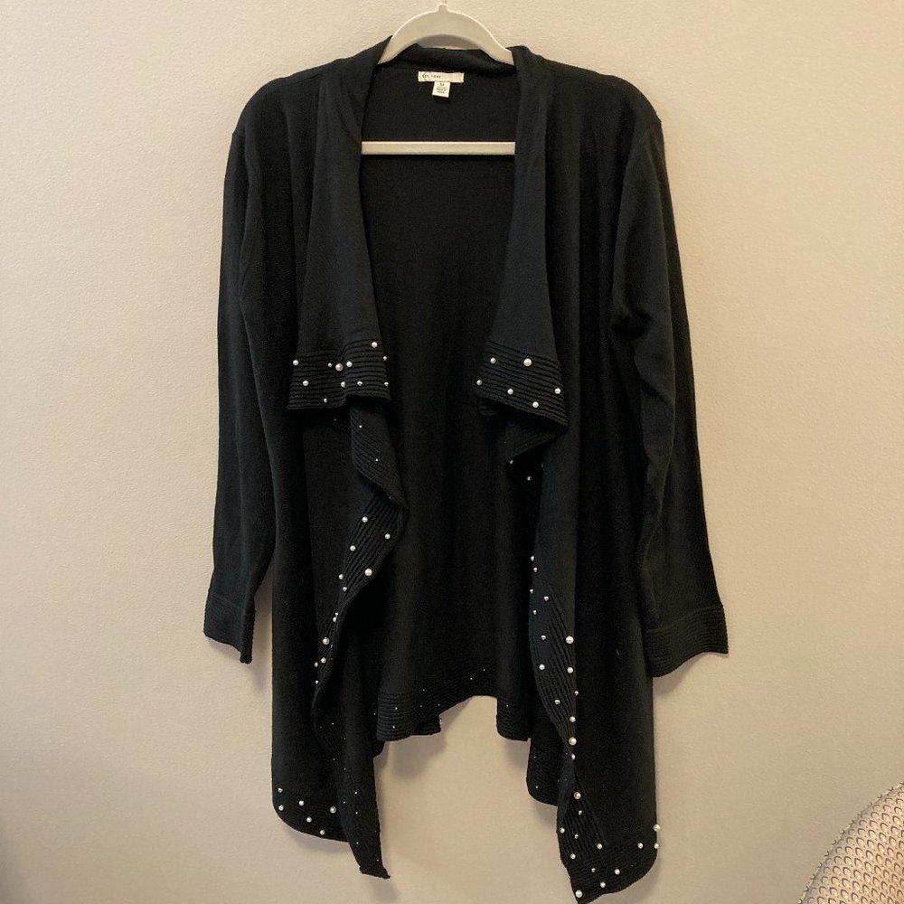 Cardigan C est. 1946 Draped Black White and Silver Beading Sz M Grandma-Core